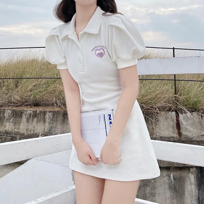Waist-embroidered puff sleeve polo skirt    HA0695 - Image 2