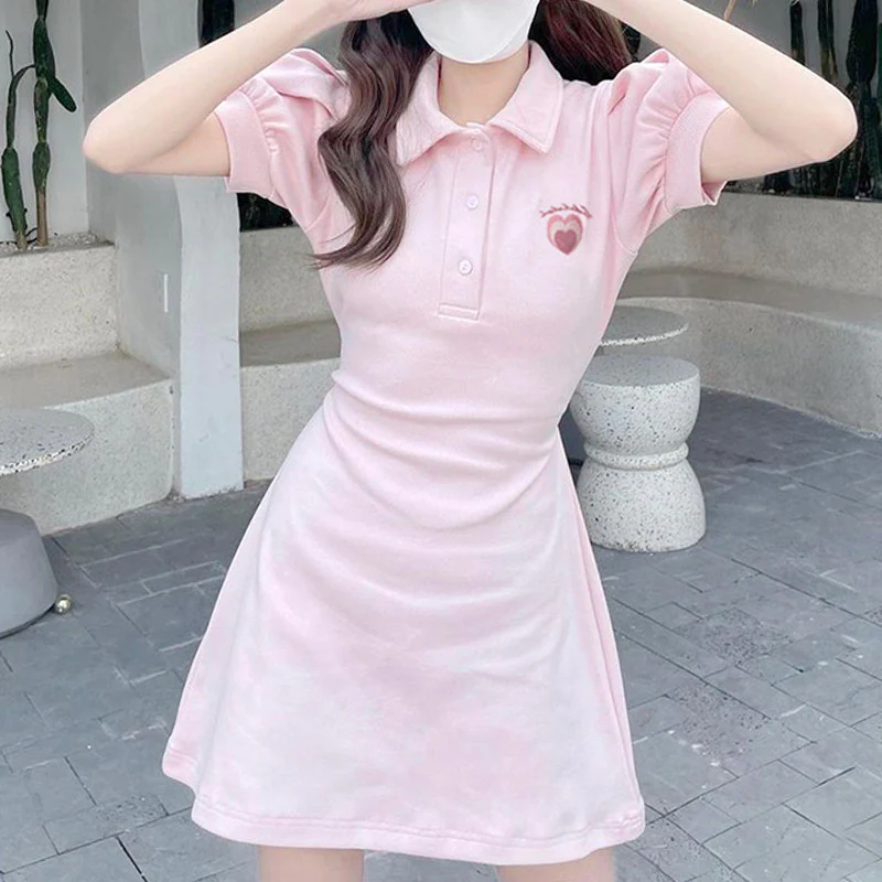 Waist-embroidered puff sleeve polo skirt    HA0695 - Image 3