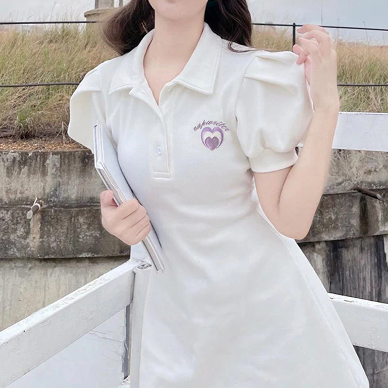 Waist-embroidered puff sleeve polo skirt    HA0695 - Image 4