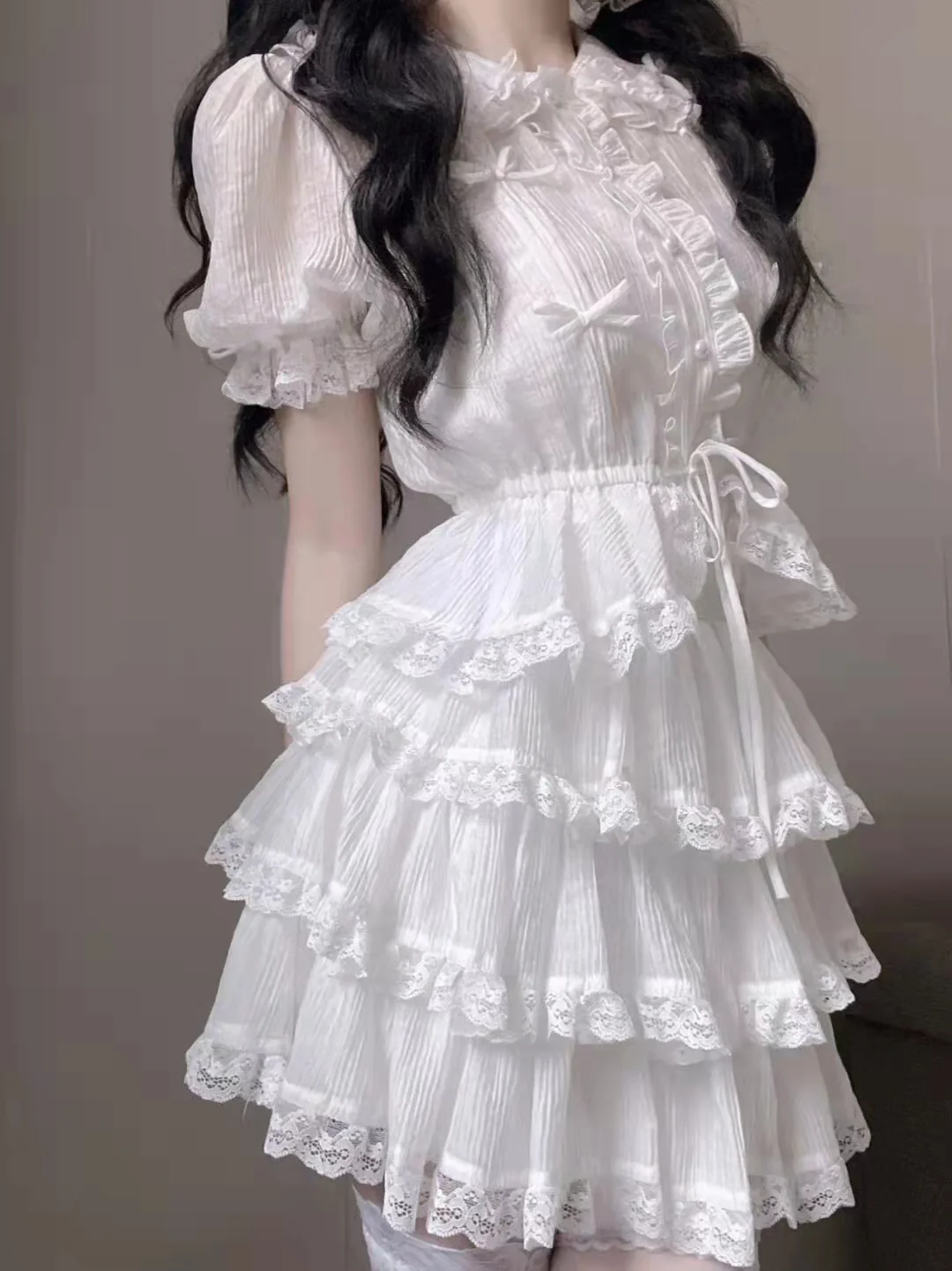 White doll collar shirt+lace lace cake skirt two -piece suit   HA1097 - Image 3