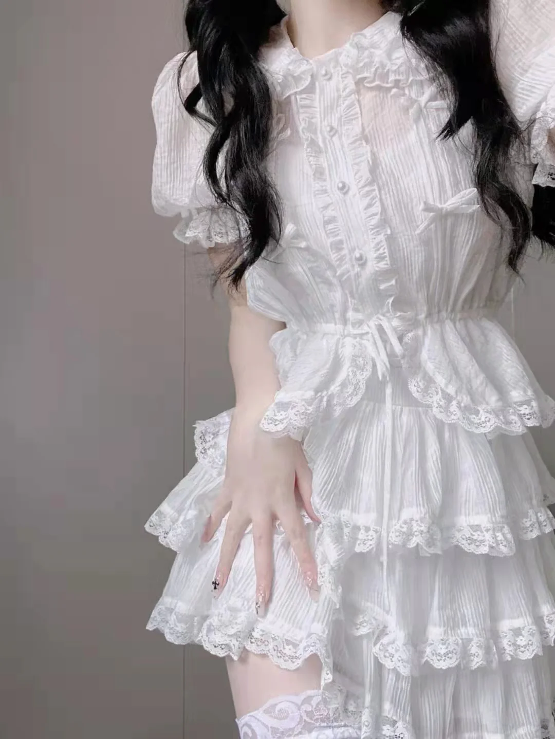 White doll collar shirt+lace lace cake skirt two -piece suit   HA1097 - Image 4