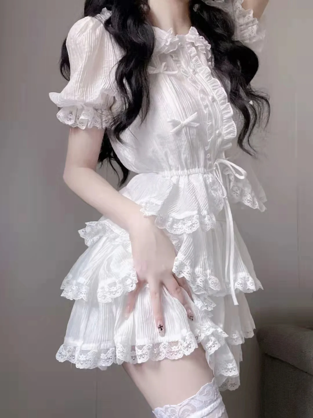 White doll collar shirt+lace lace cake skirt two -piece suit   HA1097 - Image 5