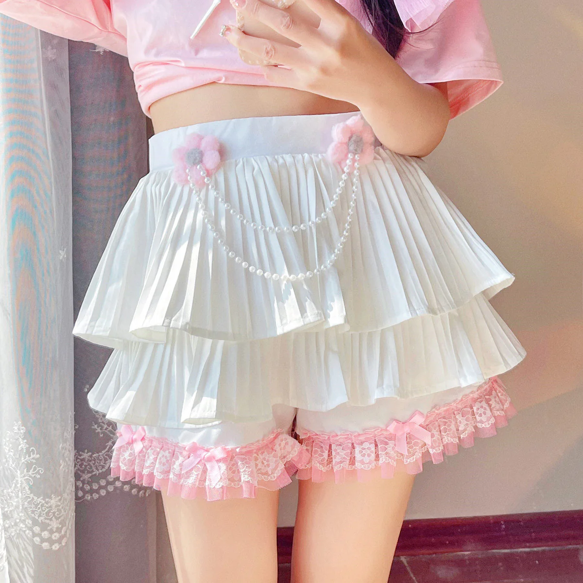 White Floral Pleated Skirt    HA0684 - Image 2