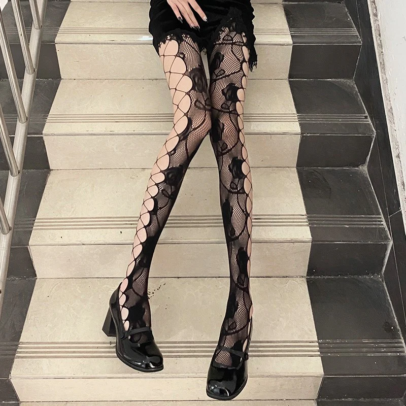 White Rose Cutout Fishnet Stockings HA1609 - Image 2